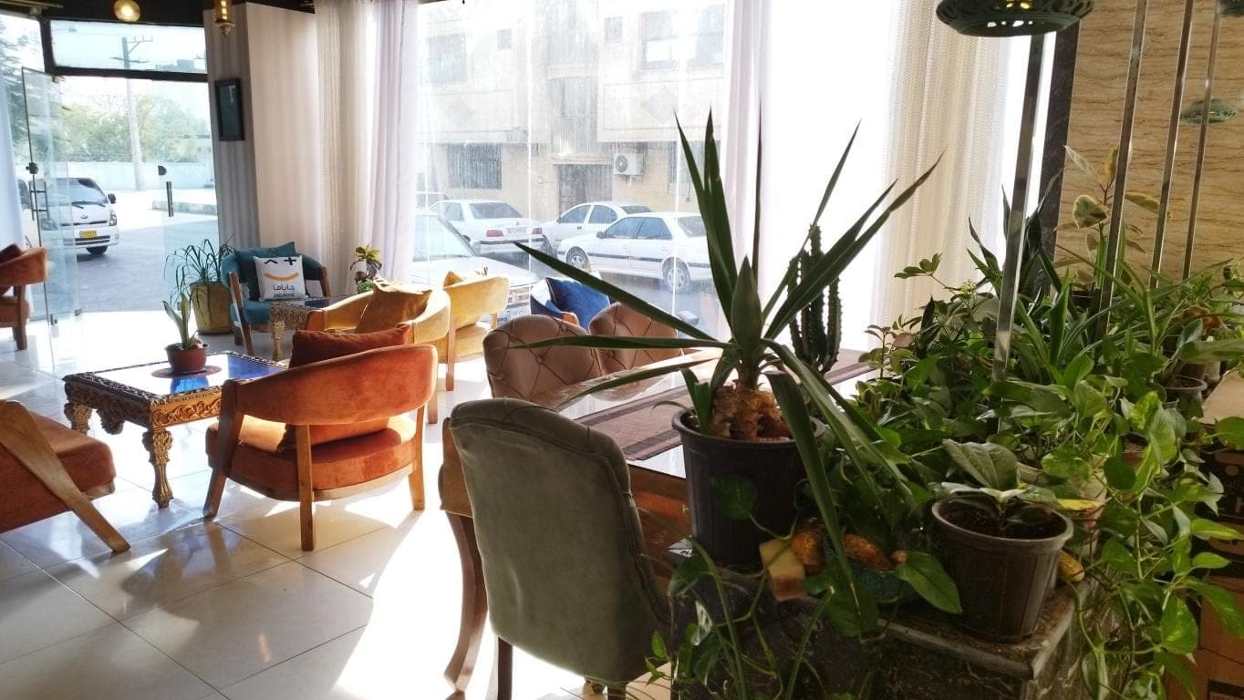 گوشهٔ نشیمن کنار پنجره با گیاهان در سوئیت تیران قشم