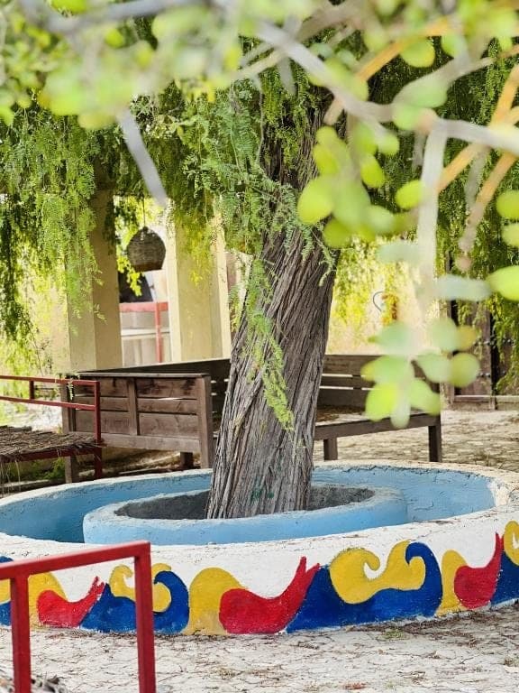 حوض و آب‌نمای کاشی‌کاری حیاط بوم‌گردی خانه دوست قشم