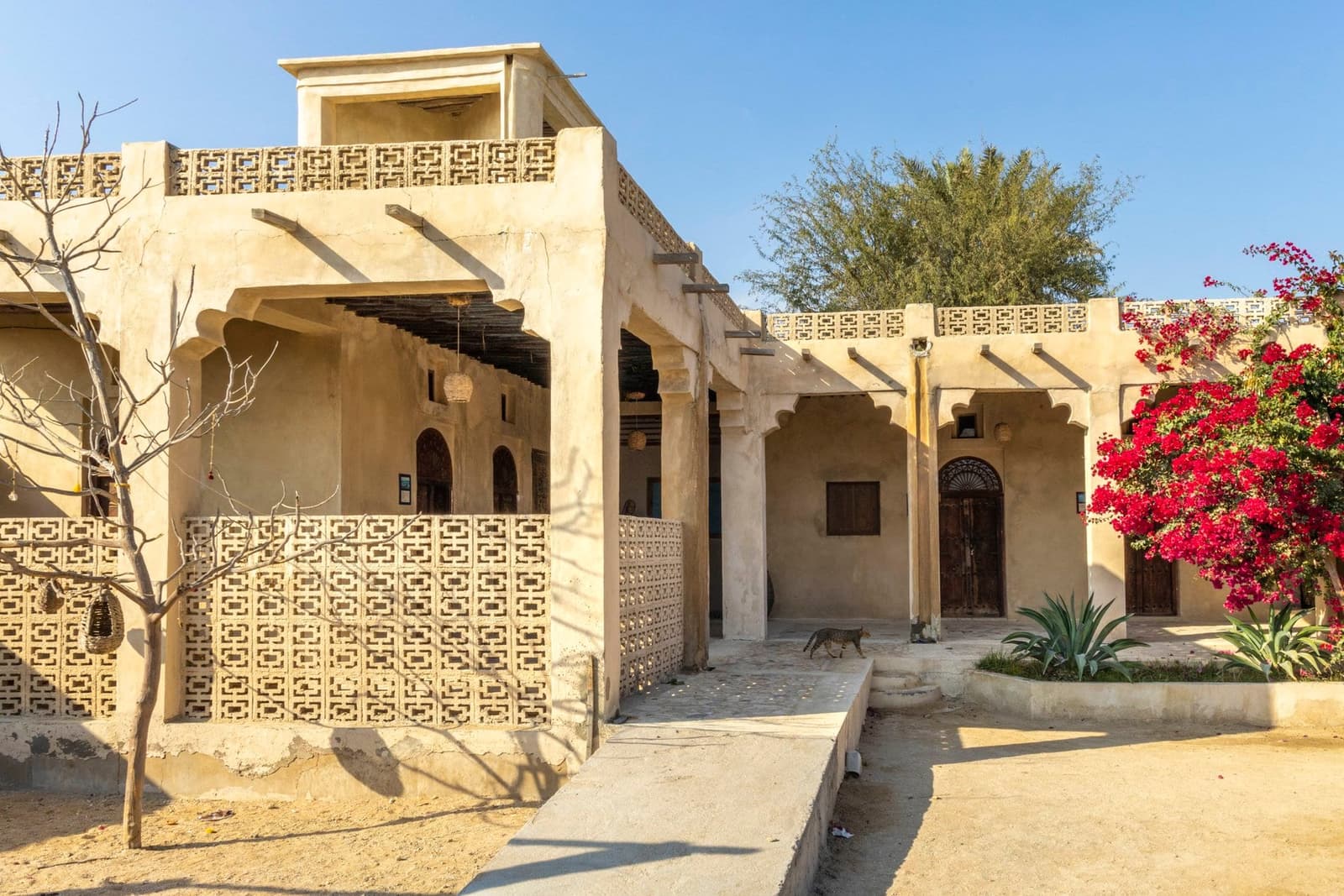 حیاط سرسبز و راهروی سنتی بوم‌گردی خانه دوست قشم
